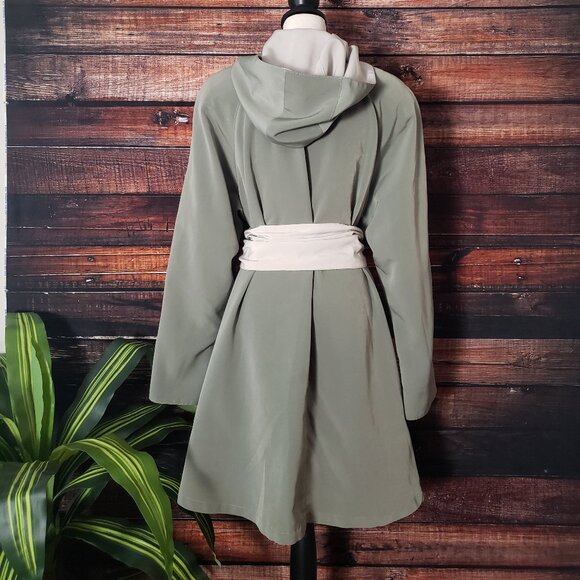 American Bazaar Vintage Coat Jacket L Long Hooded Belted Olive Green Pockets - Picture 2 of 13
